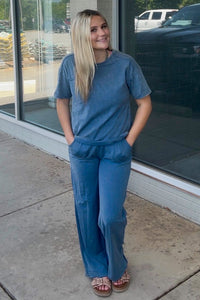 Acid Wash Exposed Seam Top and Pants Set