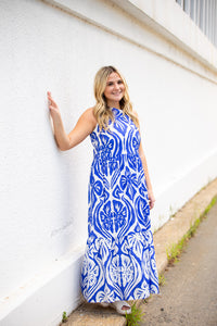 Abstract Print Floral Tiered Maxi Dress-Blue