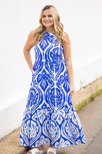 Abstract Print Floral Tiered Maxi Dress-Blue