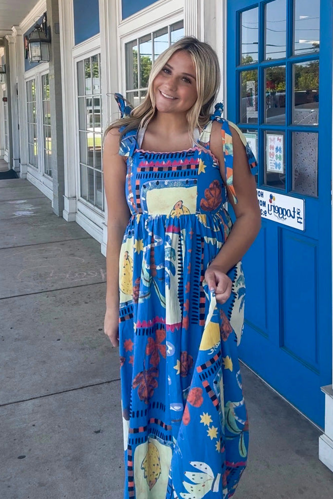 Blue Vibrant Print Maxi Dress  Tie Straps