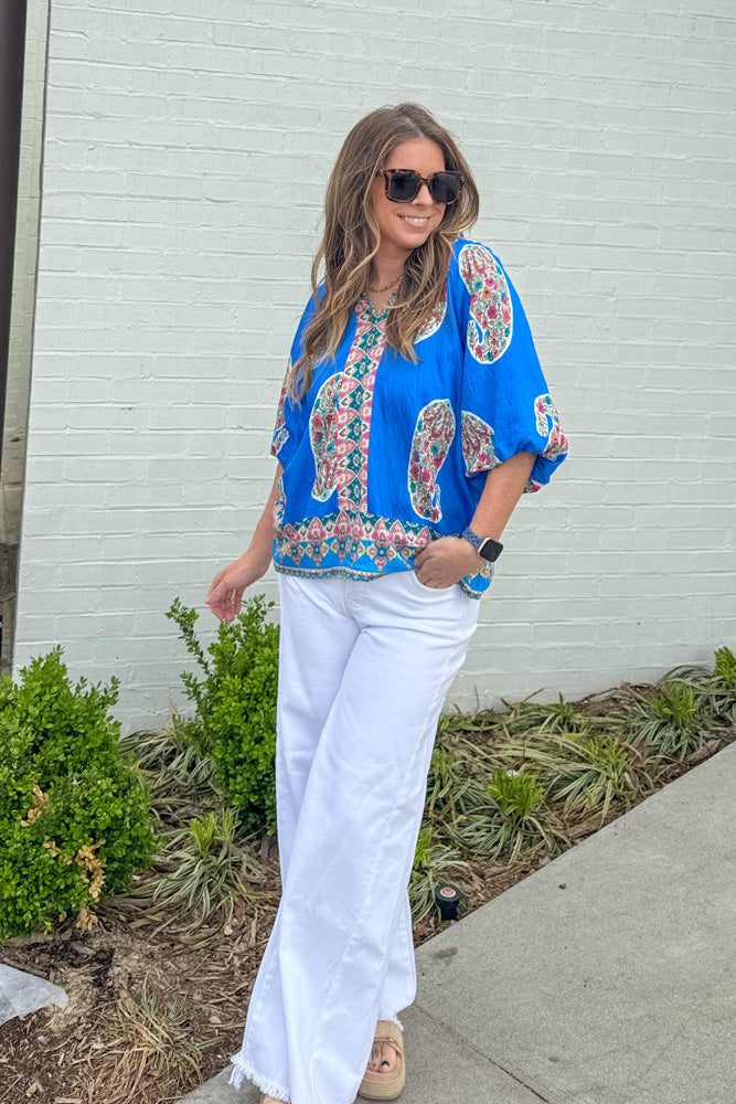 Paisley Print Puff Sleeve Top in cerulean by Umgee with blue paisley print and puff sleeves