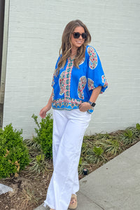 Paisley Print Puff Sleeve Top in cerulean by Umgee with blue paisley print and puff sleeves