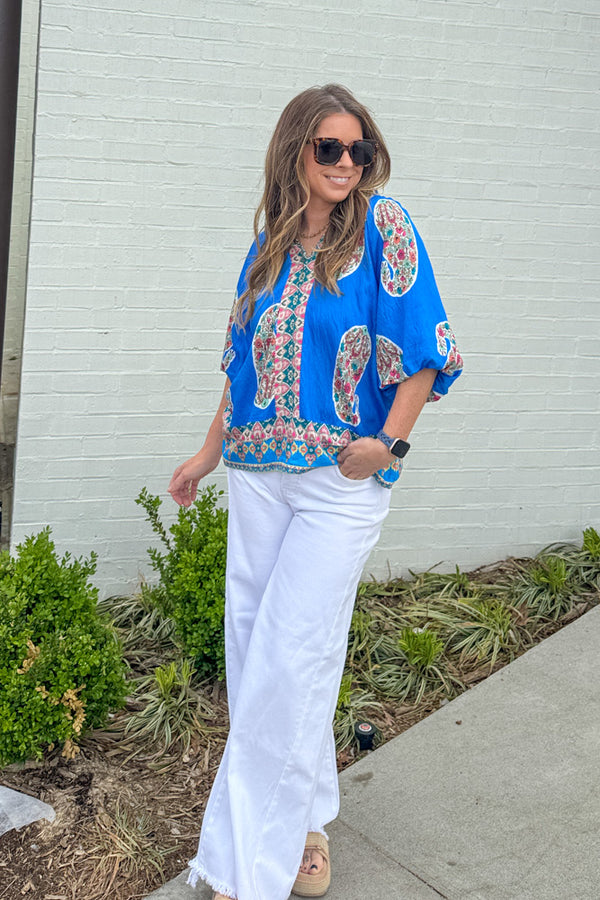 Paisley Print Puff Sleeve Top in cerulean by Umgee with blue paisley print and puff sleeves