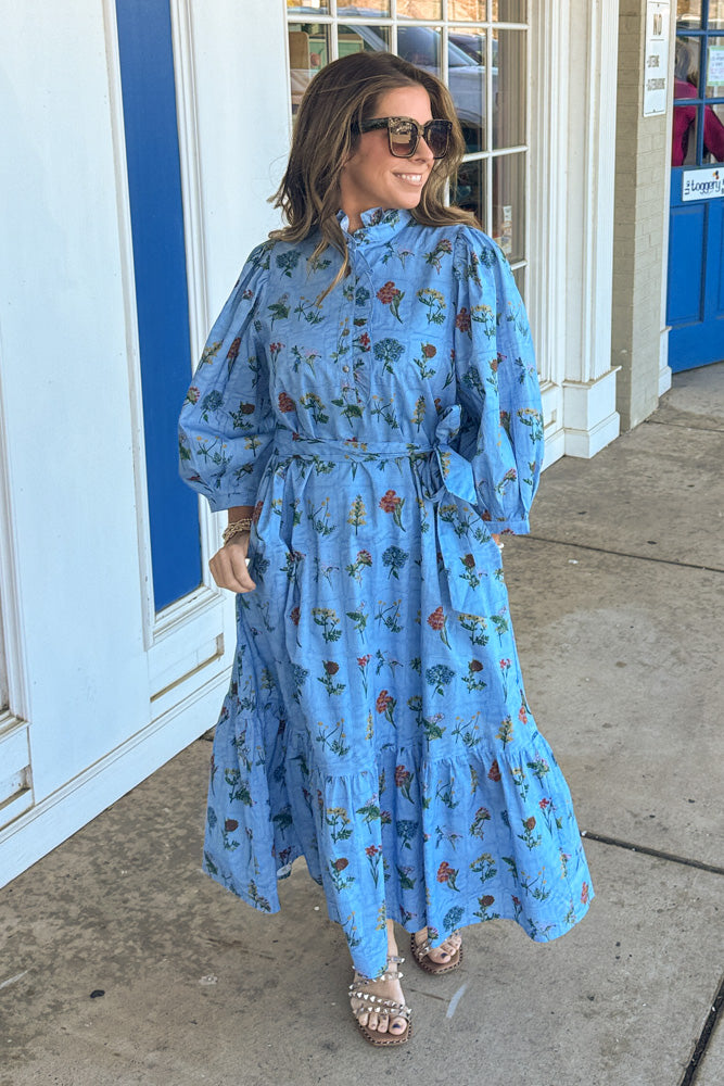 Floral Waist Tie Maxi Dress Blue | Entro Clothing