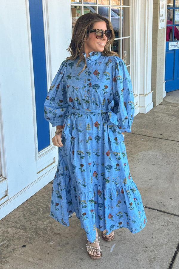 Floral Waist Tie Maxi Dress Blue | Entro Clothing