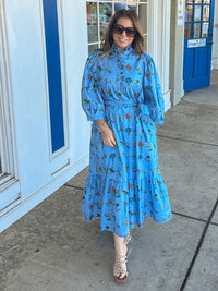 Floral Waist Tie Maxi Dress Blue High Collar | Entro Clothing