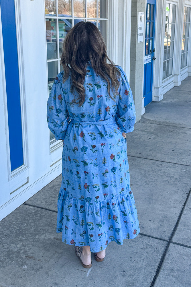 Floral Waist Tie Maxi Dress Blue Back | Entro Clothing