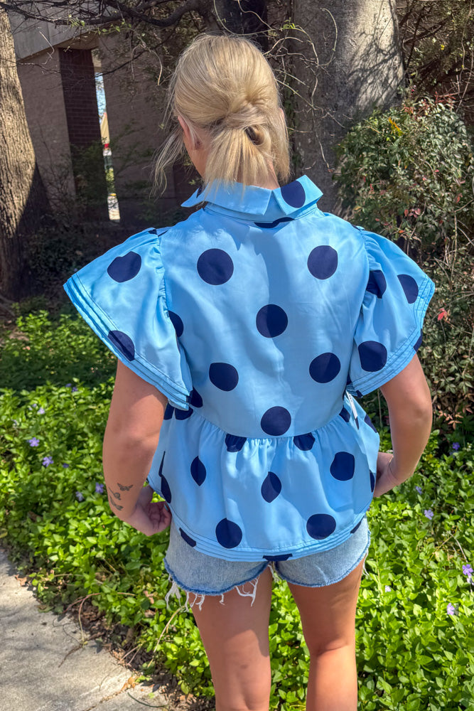 light blue polka dot top back