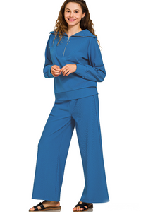 Ribbed High Neck Half Zip Pullover And Pants Set