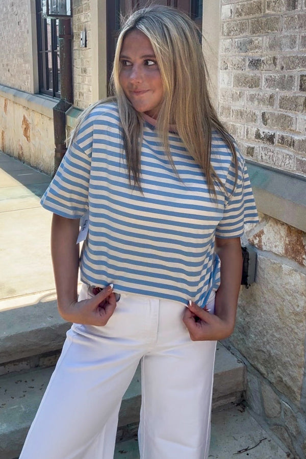Stripe Looks Contrast Drop Shoulder Loose Tee-Sky Blue