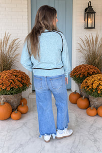 Blue Sweater Brown Trim Mock Neck Back