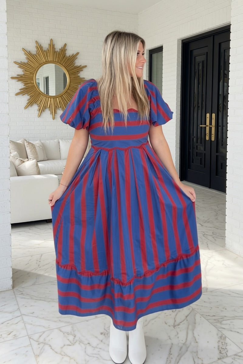 Blue and Red Striped Entro Maxi Dress Scallop Trim