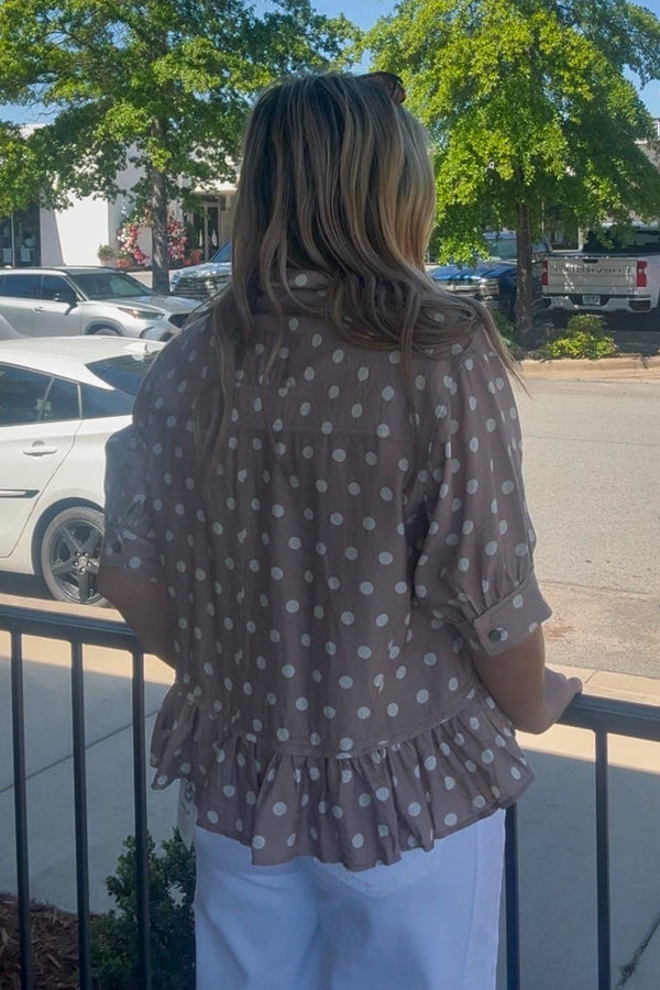 Polka This Way Ruffle Hem Top-Sand