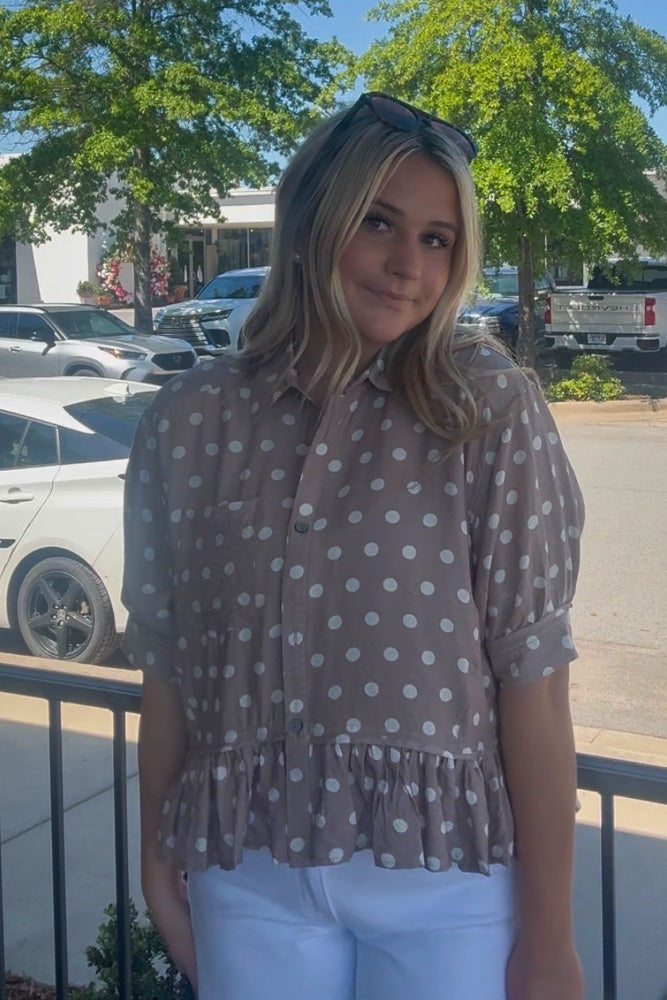 Polka This Way Ruffle Hem Top-Sand