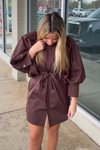 Brown Button-Up Dress with Puff Sleeves – Chic & Timeless