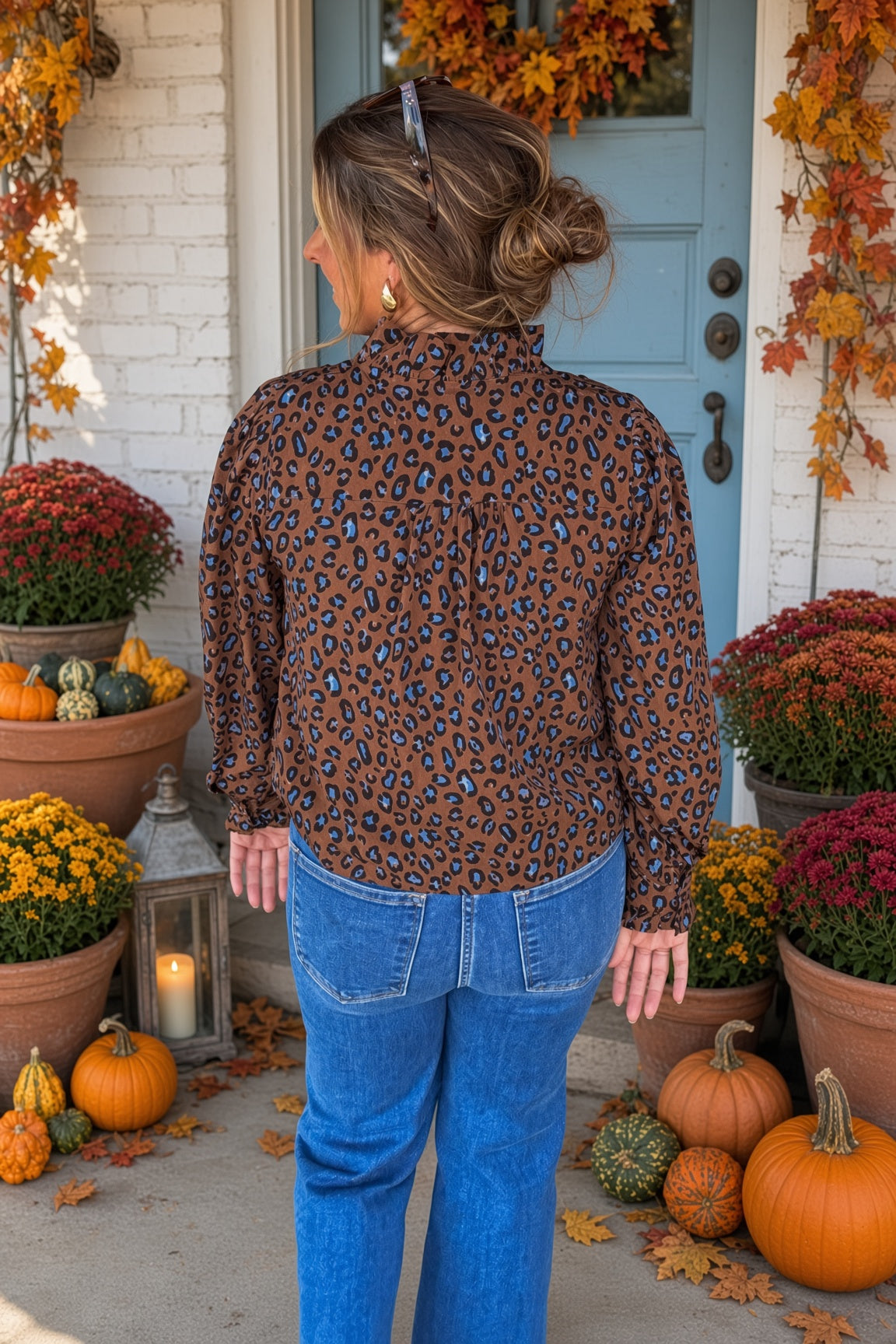 Brown and Blue Leopard Blouse Button Down Back