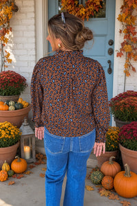 Brown and Blue Leopard Blouse Button Down Back
