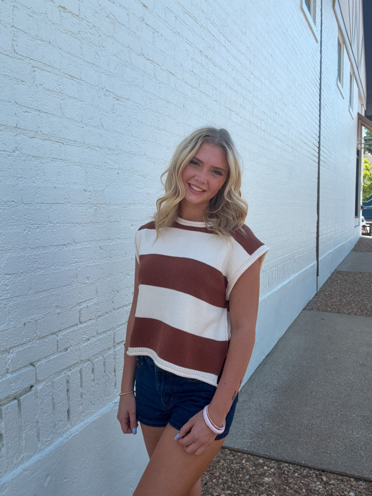 Brown and White Sleeveless Sweater Top entro clothing