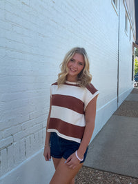 Brown and White Sleeveless Sweater Top entro clothing