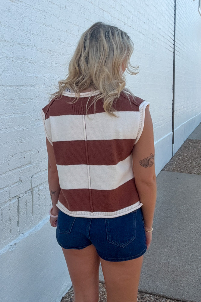Brown and White Sleeveless Sweater Top back
