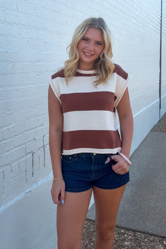 Brown and White Sleeveless Sweater Top