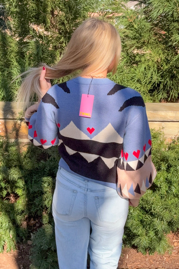 SALE-THML - Animal Pattern Colorblock Knit Sweater-Blue