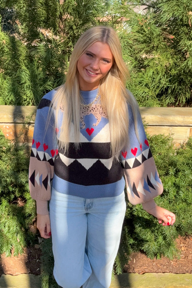 SALE-THML - Animal Pattern Colorblock Knit Sweater-Blue