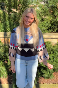 SALE-THML - Animal Pattern Colorblock Knit Sweater-Blue