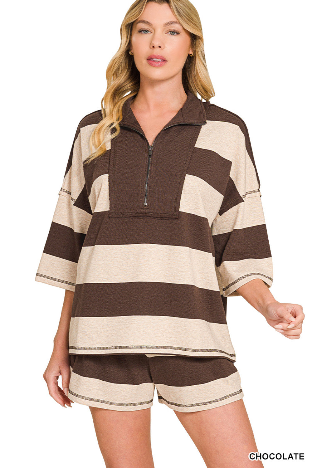 PRE-ORDER (Ships 7/9) Zenana-French Terry Color Block Top and Shorts Set