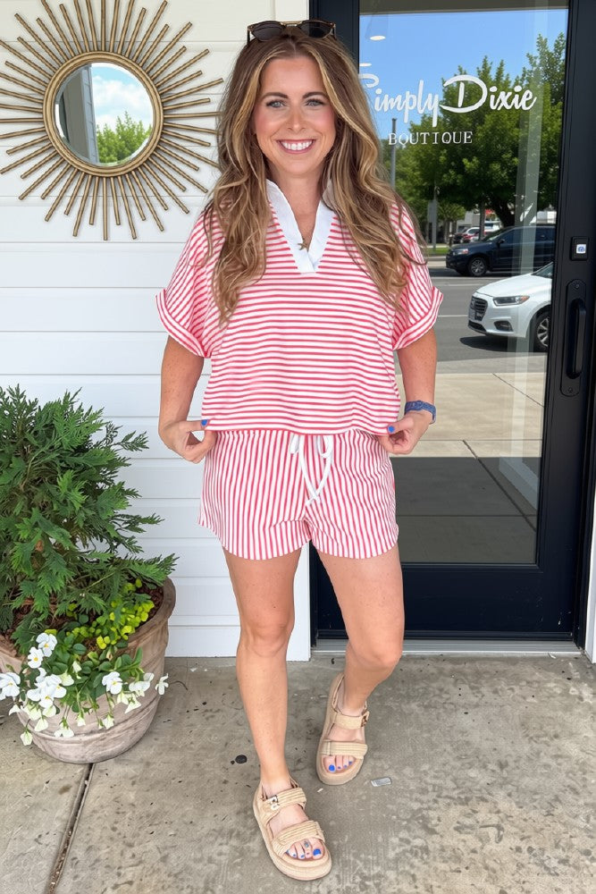 Coral Striped Zenana Shorts Set