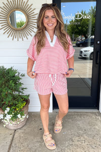 Coral Striped Zenana Shorts Set