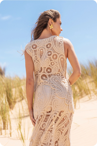 Asymmetric Scalloped Crochet Top And Skirt Set-Cream