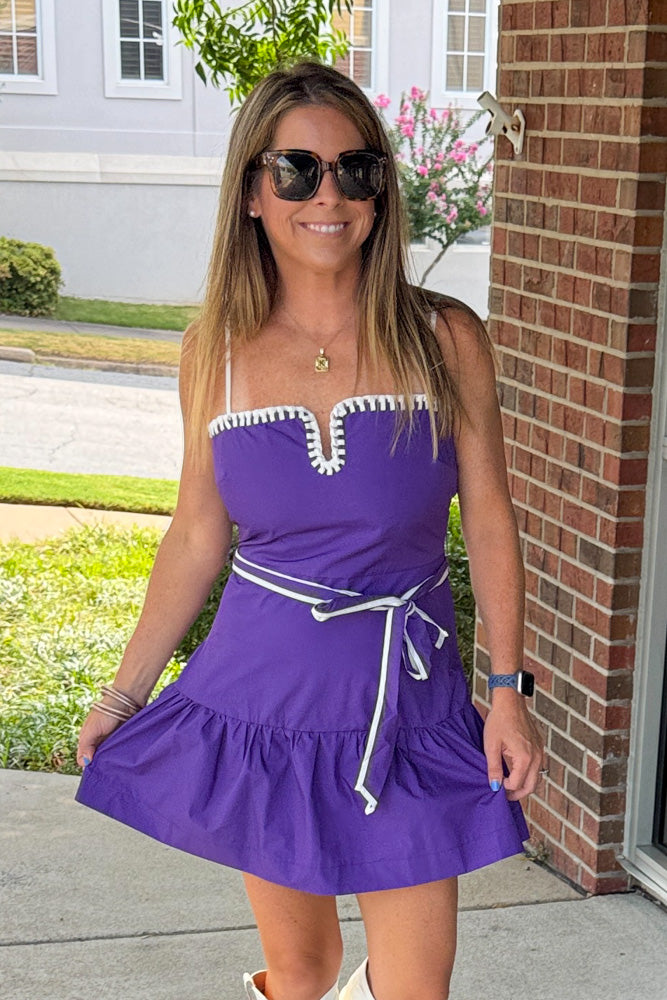 Purple Gameday Dress White Trim and tie