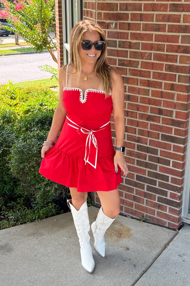 Red Poplin Gameday Dress with White Trim