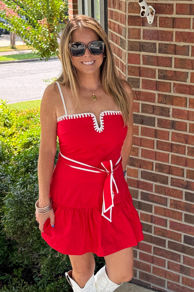 Red Poplin Gameday Dress with White Trim