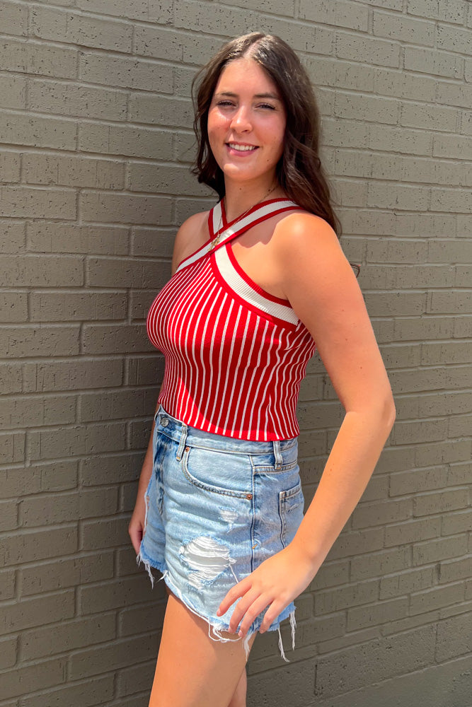 Day and Moon Red Striped Crop Top Criss Cross Front