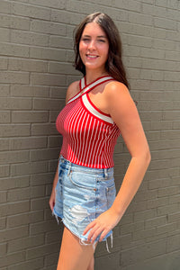 Day and Moon Red Striped Crop Top Criss Cross Front