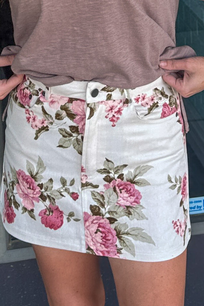White Floral Denim mini Skirt close up