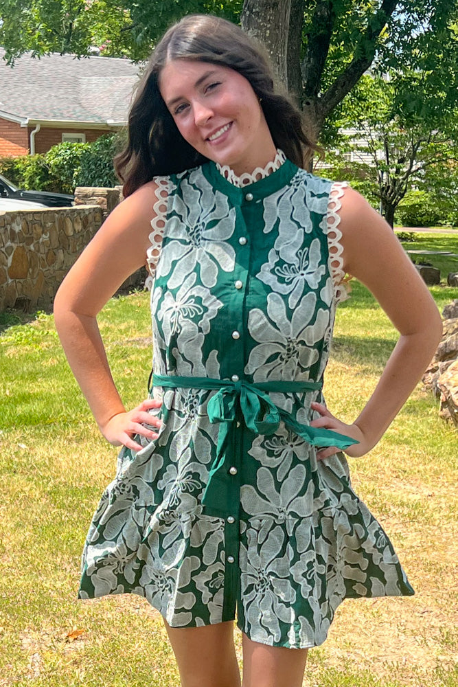 Entro Green Floral Embroidered Pearl Button Down Dress