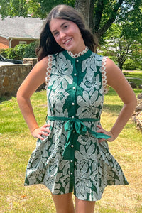 Entro Green Floral Embroidered Pearl Button Down Dress