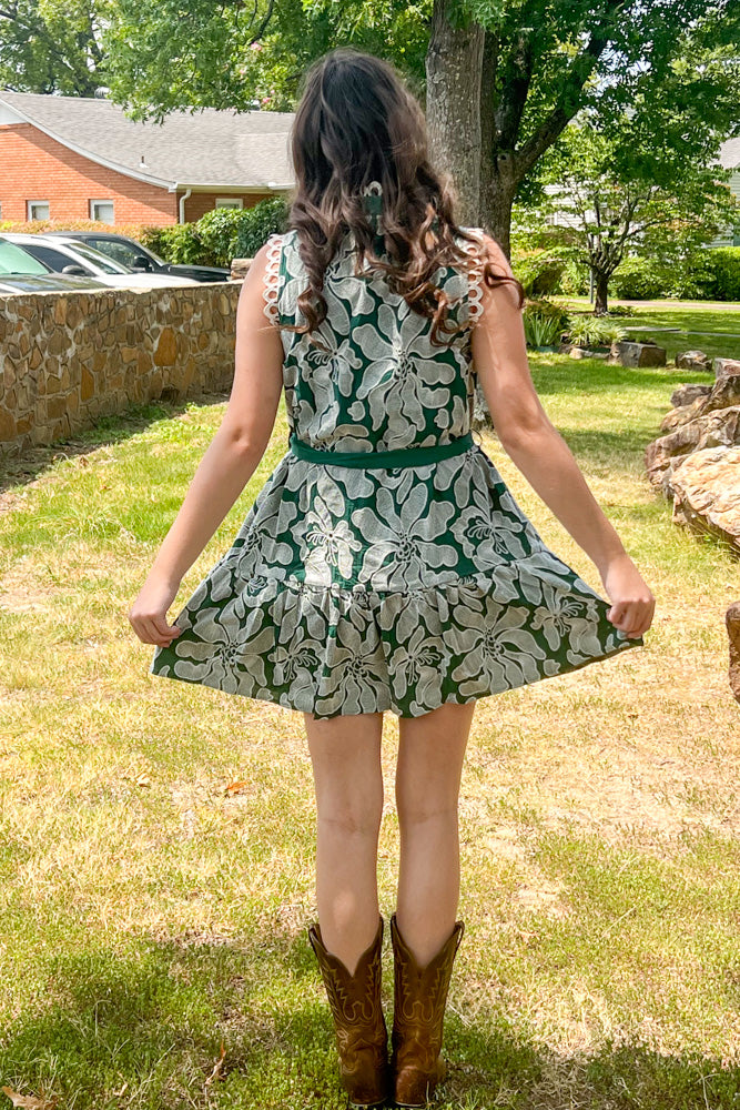 Entro Green Floral Embroidered Button Down Dress Back
