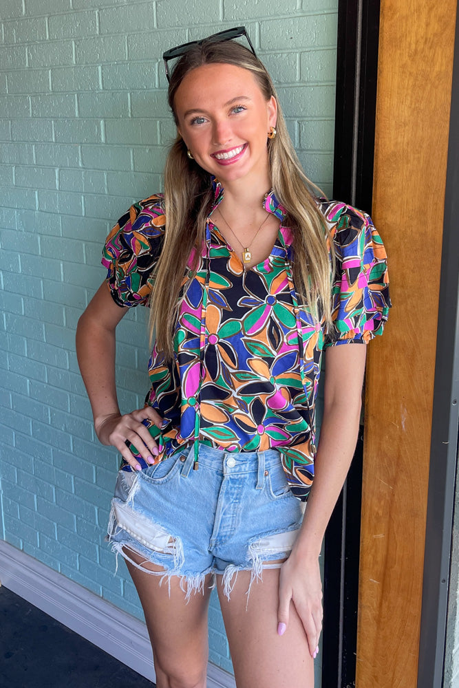 Colorful Floral High Neck Top-Black – Simply Dixie Boutique
