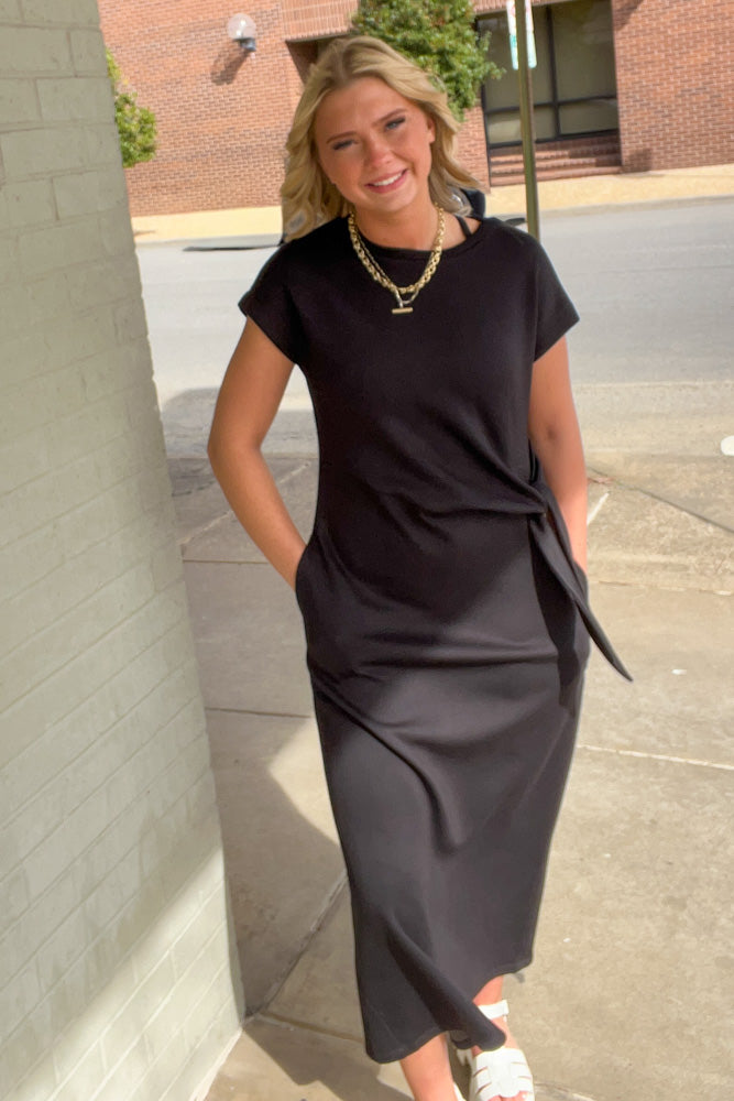 Entro Black Midi Dress with waist Tie