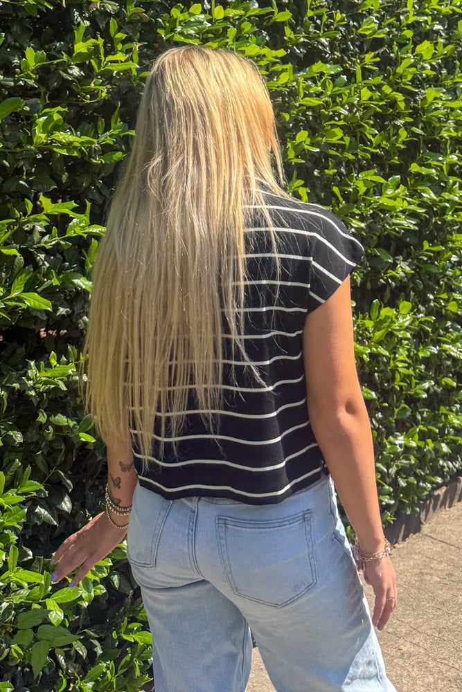 Black and White Striped Mock Neck Entro Top Back