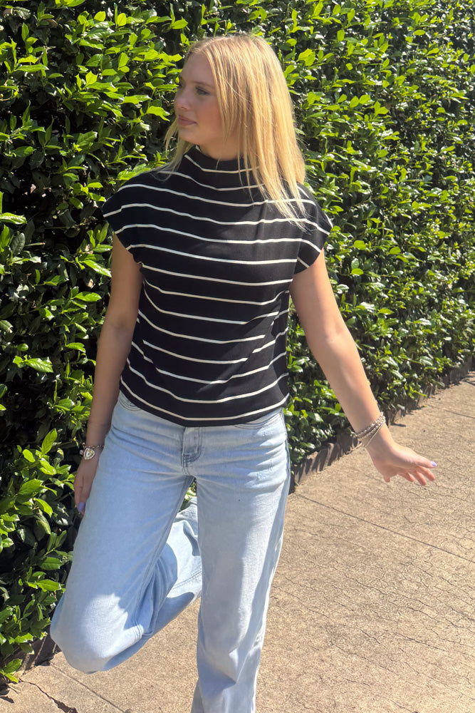 Black and White Striped Mock Neck Entro Top