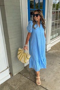 Eyelet Puff Sleeve Midi Dress-Blue