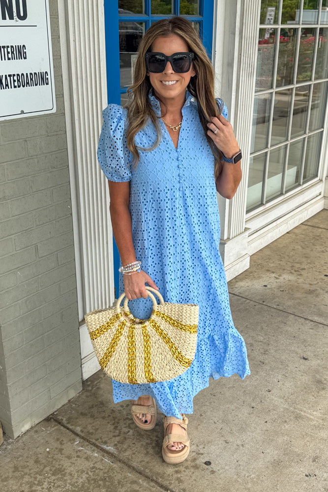 Eyelet Puff Sleeve Midi Dress-Blue