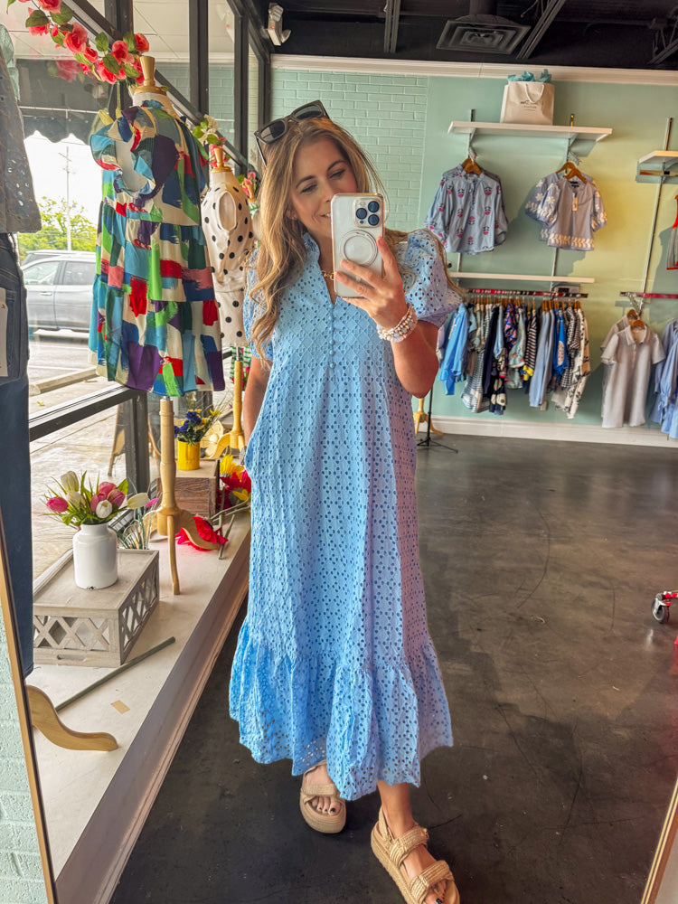 Eyelet Puff Sleeve Midi Dress-Blue