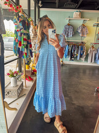 Eyelet Puff Sleeve Midi Dress-Blue