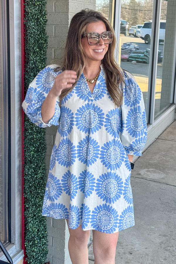 Entro Blue Patterned Dress Puff Sleeves